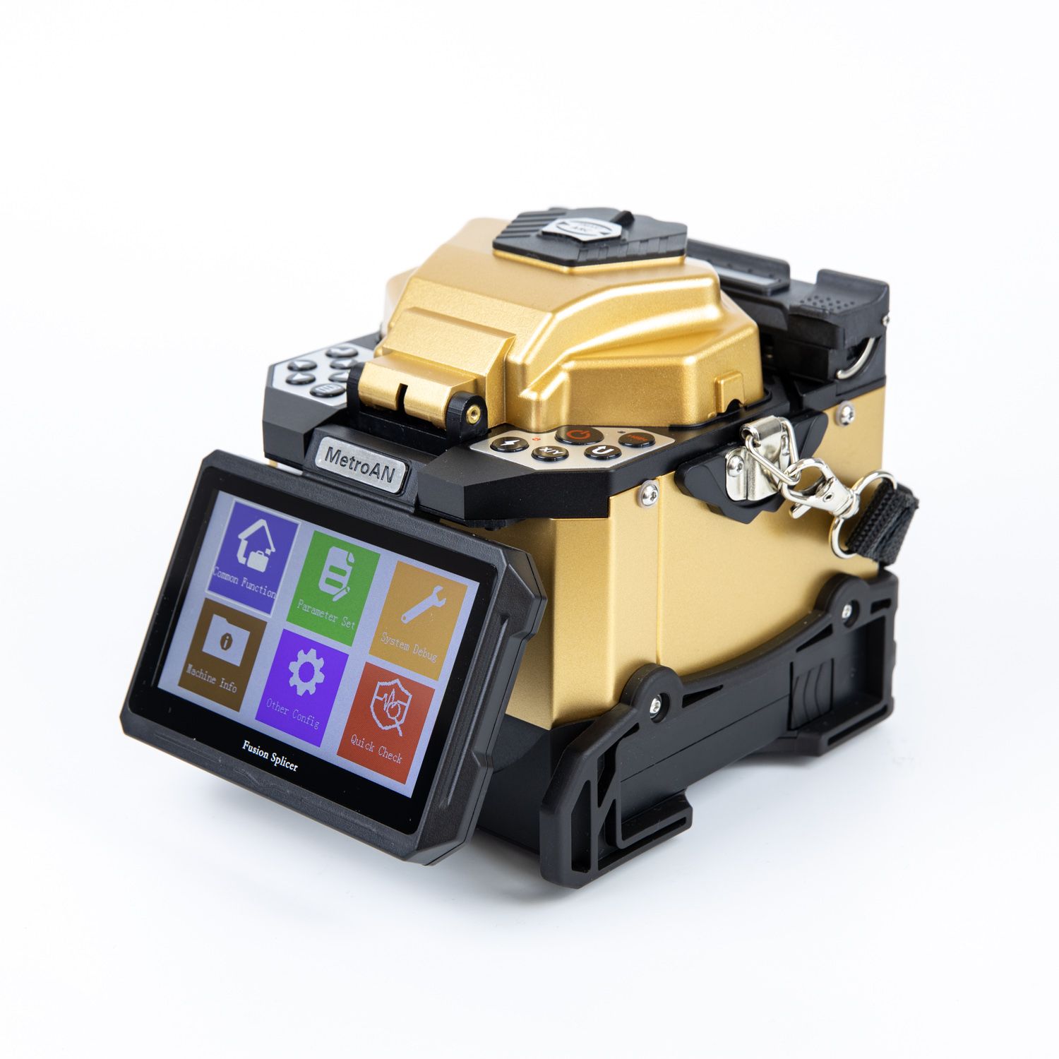 Fiber fusion splicer splicing fiber optic cables in a backbone network